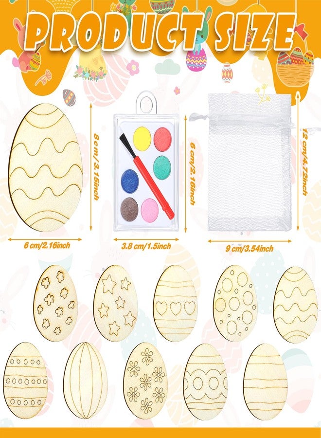 Silipull 30 Set Easter Egg Painting Kit Wood DIY Crafts Include Easter Eggs Unfinished Wooden Cutout Colorful Solid Paints and White Organza Bags for Painting Crafts and Decorations - Image 3